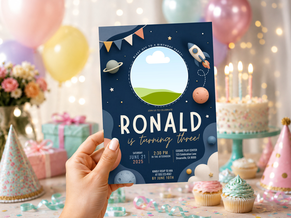 Space rocket birthday invitation artwork featuring a flying rocket, colorful planets, stars, and a playful cosmic scene for a kids birthday.