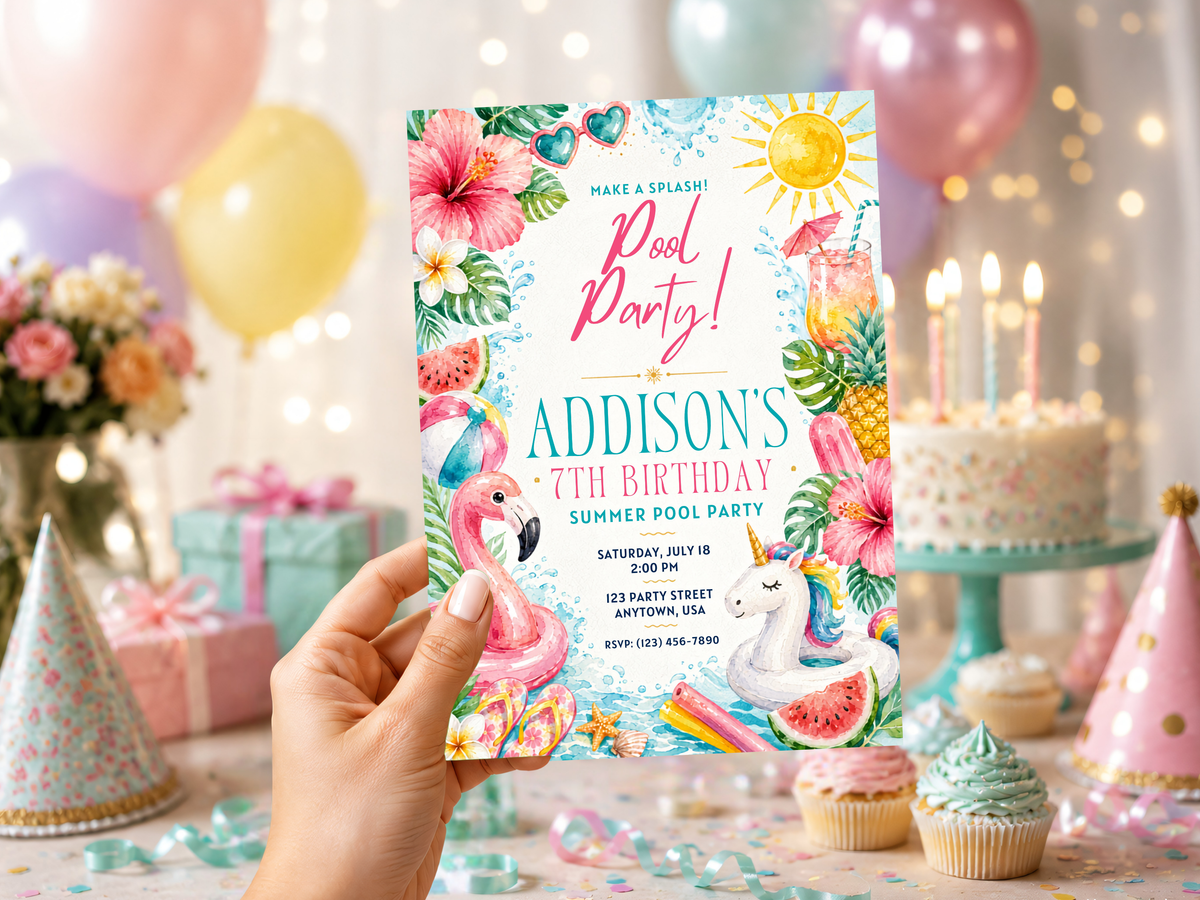 Editable pool party birthday invitation featuring a pink flamingo, tropical foliage and colorful summer birthday artwork