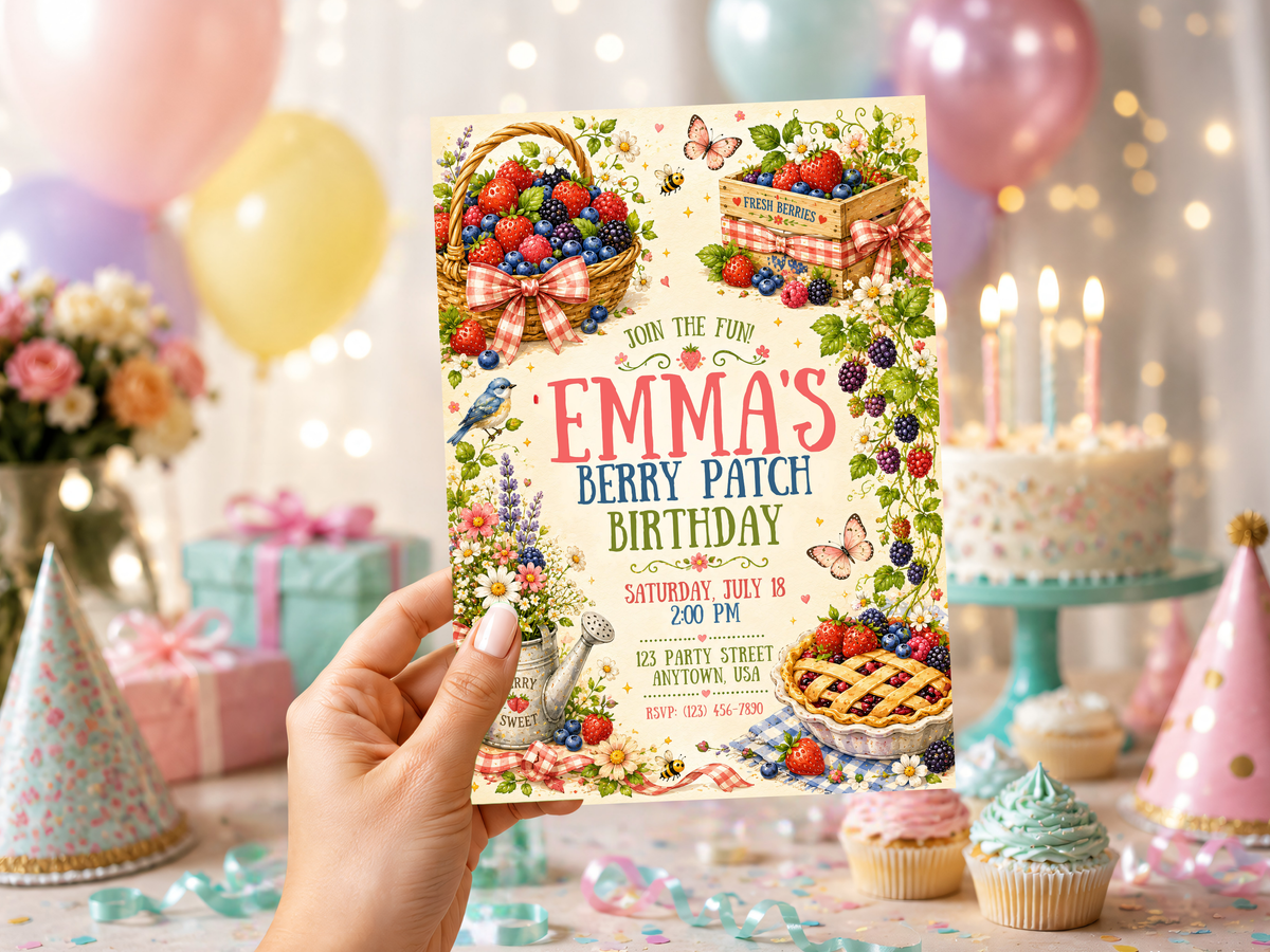Watercolor berry birthday invitation artwork with mixed berry baskets, strawberry crate, floral foliage, butterflies, gingham ribbon details, and playful birthday typography.