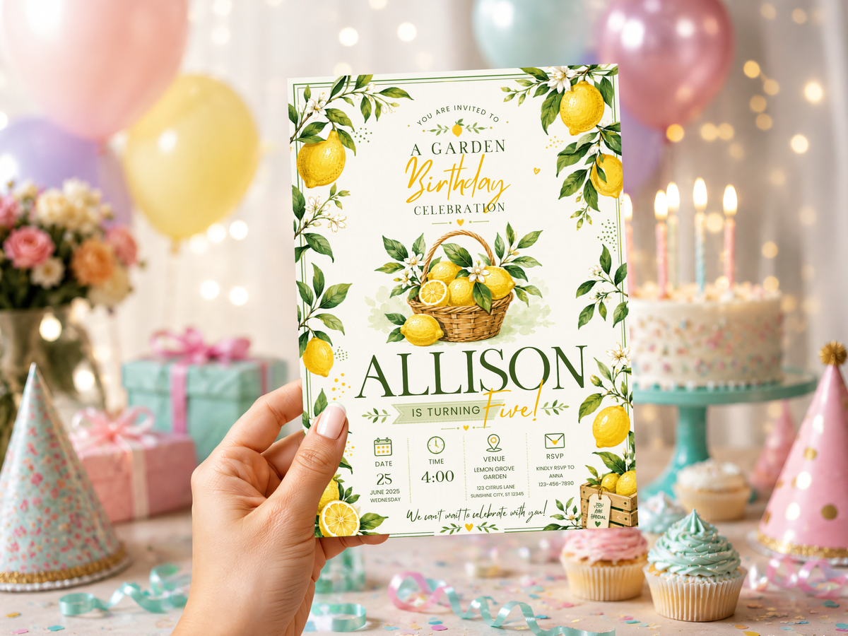Lemon garden birthday invitation featuring watercolor citrus fruit, green foliage, lemon blossoms and elegant yellow and green typography