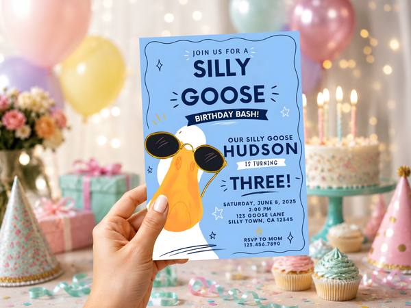 Silly Goose birthday invite artwork featuring a playful orange goose, blue background, navy typography, stars, and hand-drawn doodle accents.