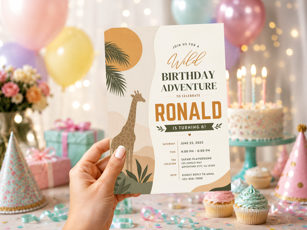 Giraffe safari birthday invitation design with cream background and terracotta accents.