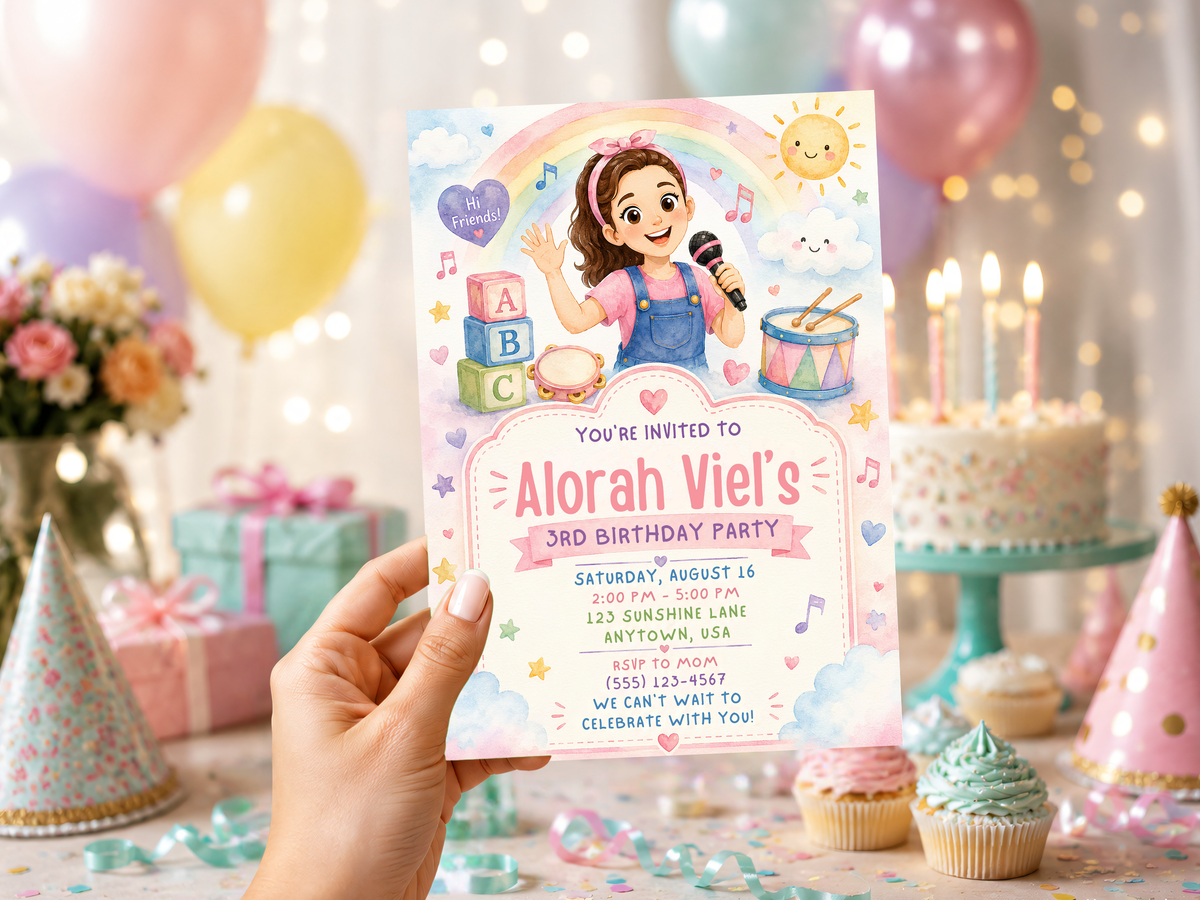 Miss Rachel birthday invitation template preview with a colorful music-and-learning design, rainbow accents, alphabet blocks, musical notes and playful pastel illustrations.