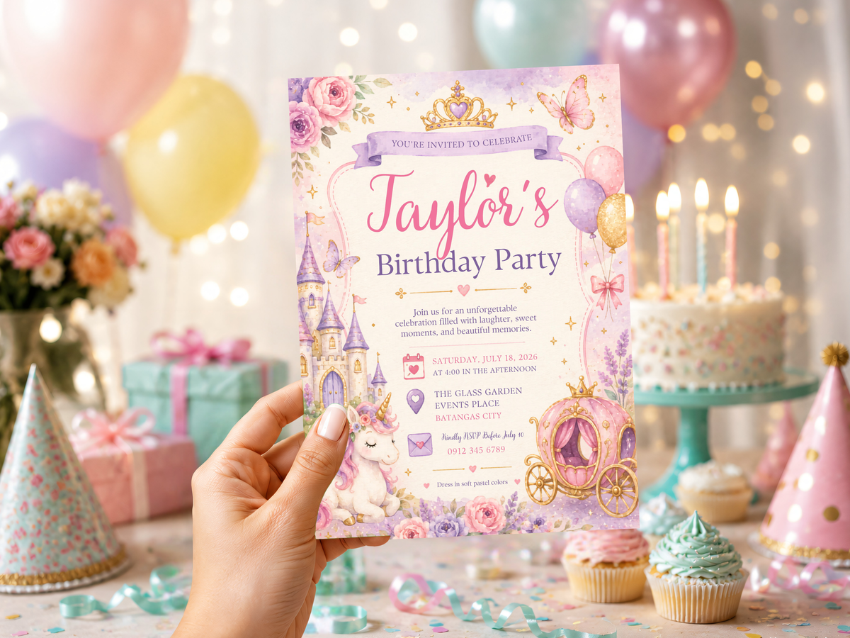 Whimsical princess unicorn birthday invitation in pastel pink and lavender watercolor with a fairytale castle and floral accents.