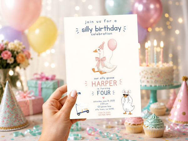 Silly goose birthday invitation product image highlighting the whimsical watercolor goose artwork, pink party hat, balloon, and cheerful birthday typography.