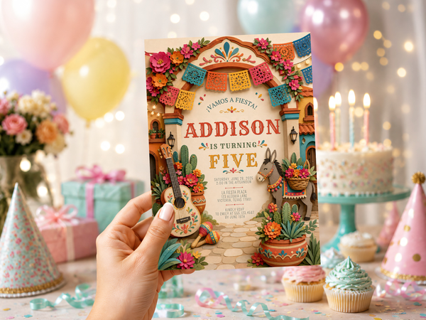 Mexican fiesta birthday invitation artwork featuring bright flowers, papel picado banners, cacti and warm terracotta details