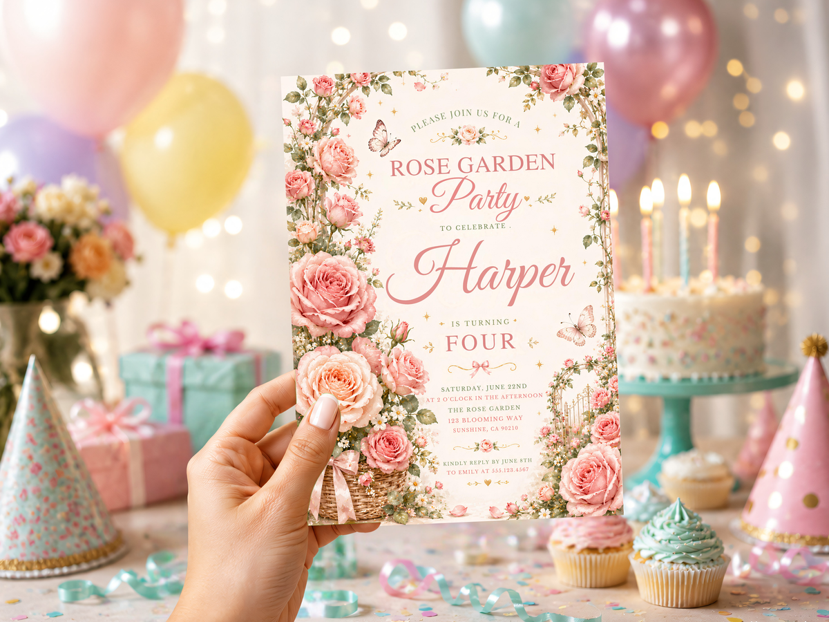 Rose Garden birthday invitation template showing blush pink roses and delicate butterfly details