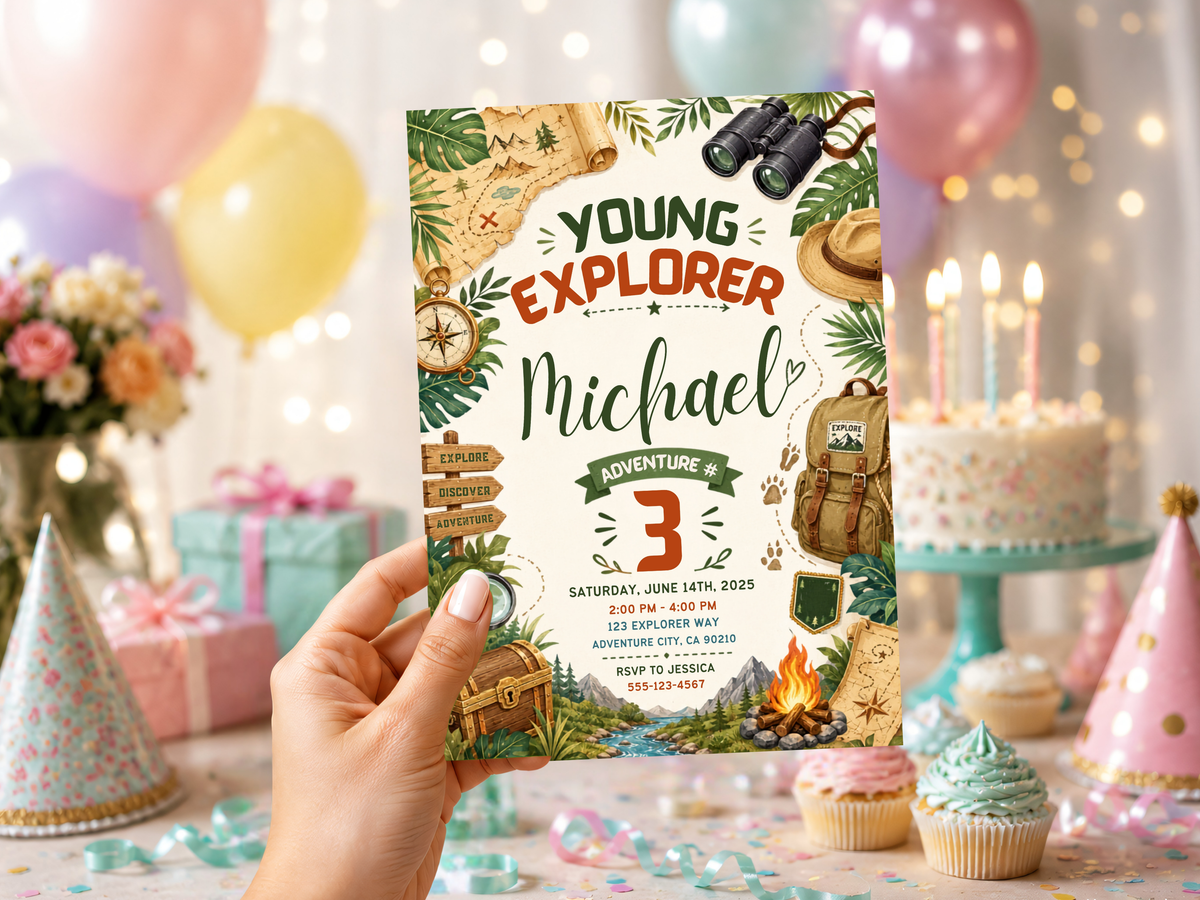 Young Explorer birthday invitation design highlighting the playful explorer headline, personalized name area and large birthday age numeral.