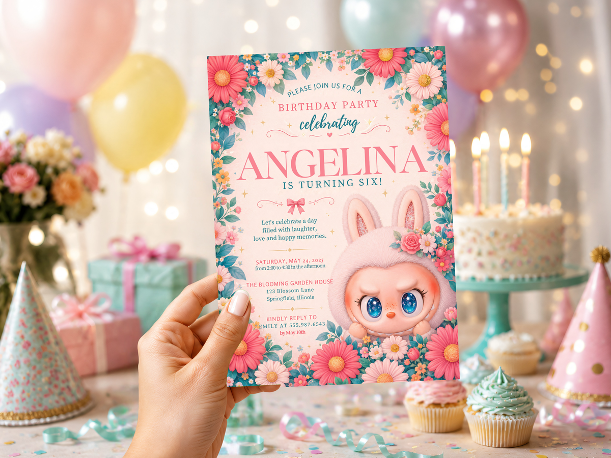Pink bunny birthday invitation artwork with coral, pink, peach, cream, and teal flowers.