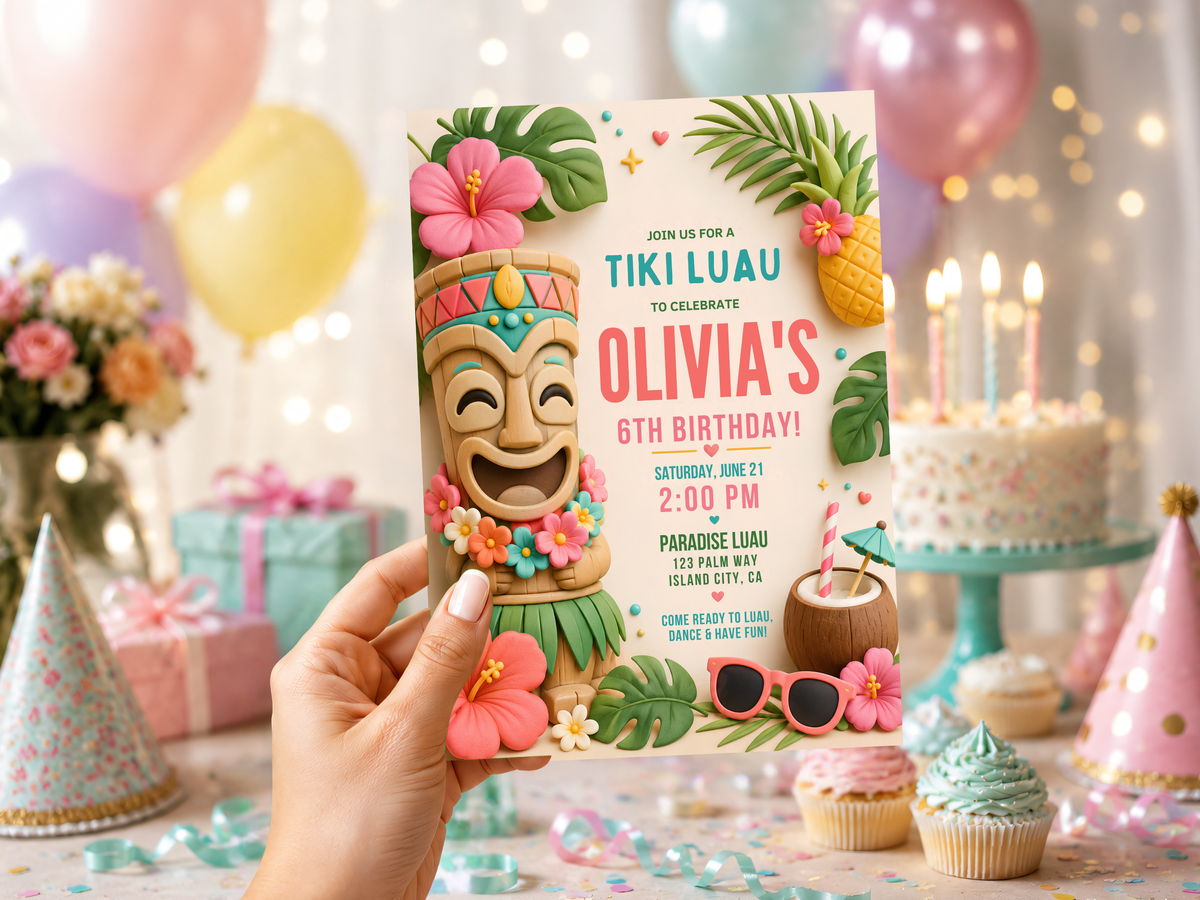 Tropical tiki luau birthday invitation showing a playful island party design with coral pink, teal, green and yellow accents, tropical flowers and tiki-inspired details.