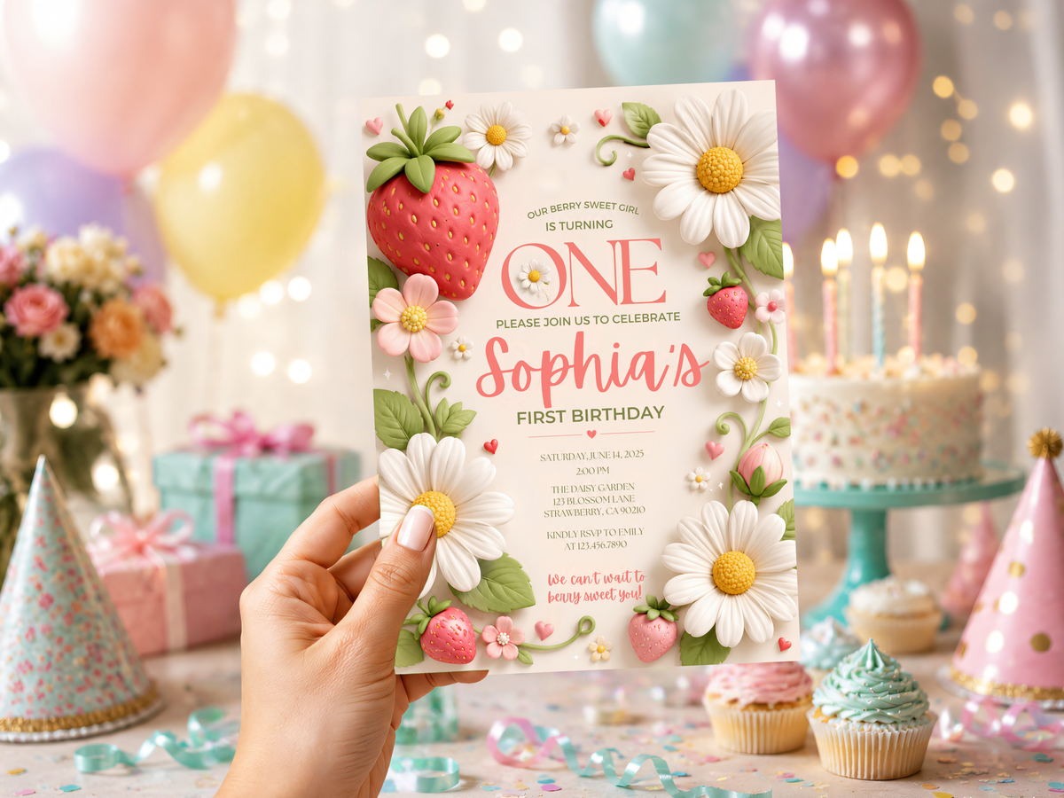 Editable strawberry birthday invitation with daisy flowers, garden greenery and pastel party details