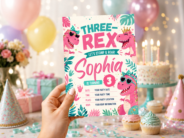 Three Rex dinosaur invitation artwork showing playful pink dinosaurs and tropical foliage