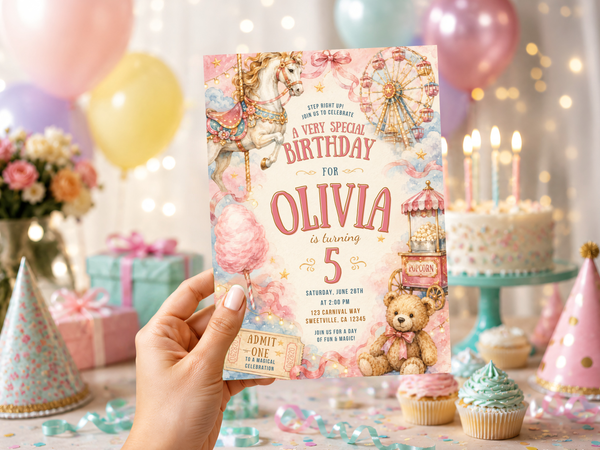Editable Canva carnival birthday invitation featuring a whimsical pastel fairground scene, carousel, Ferris wheel, teddy bear, and nostalgic watercolor details