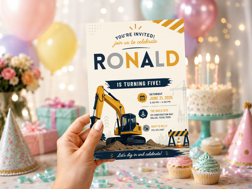 Editable construction birthday invite artwork with a yellow excavator, construction-site elements, bold navy typography, and golden yellow details.