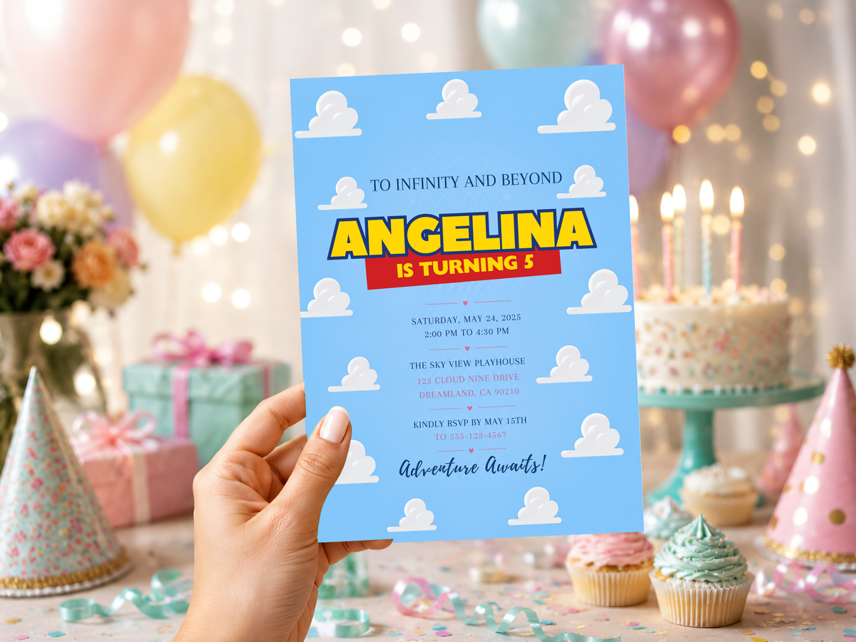 Editable space birthday invitation with a bright blue sky background, white cloud illustrations and playful bold typography.
