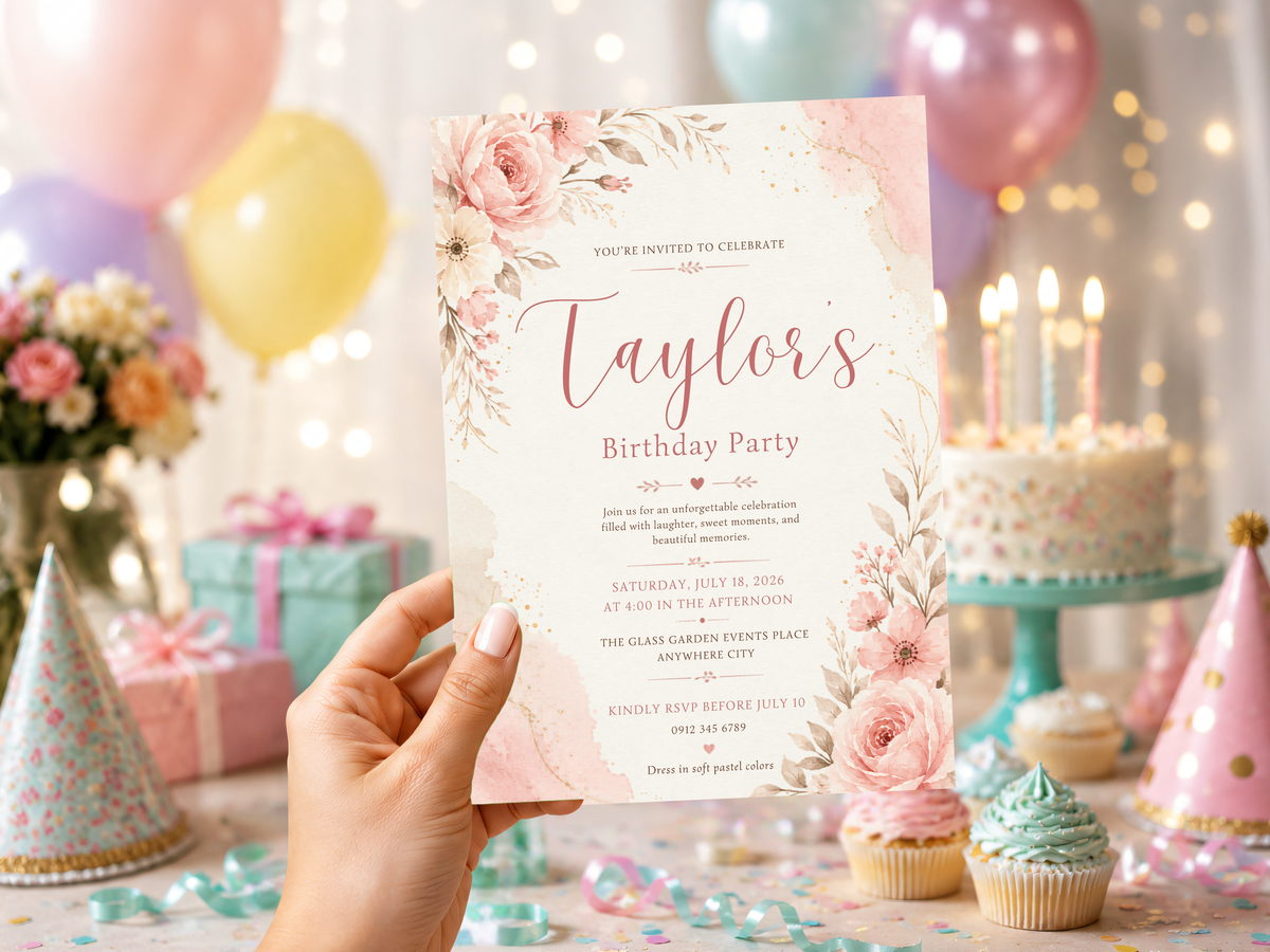 Romantic floral birthday invite featuring soft pink roses, botanical branches, fine gold accents, and a portrait invitation layout.