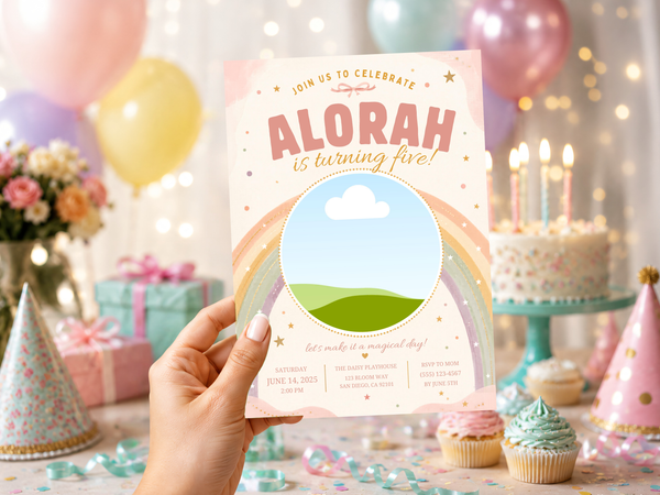 Pastel boho rainbow birthday invitation design featuring layered rainbow arches, soft peach tones, blue sky, clouds, and rolling green hills