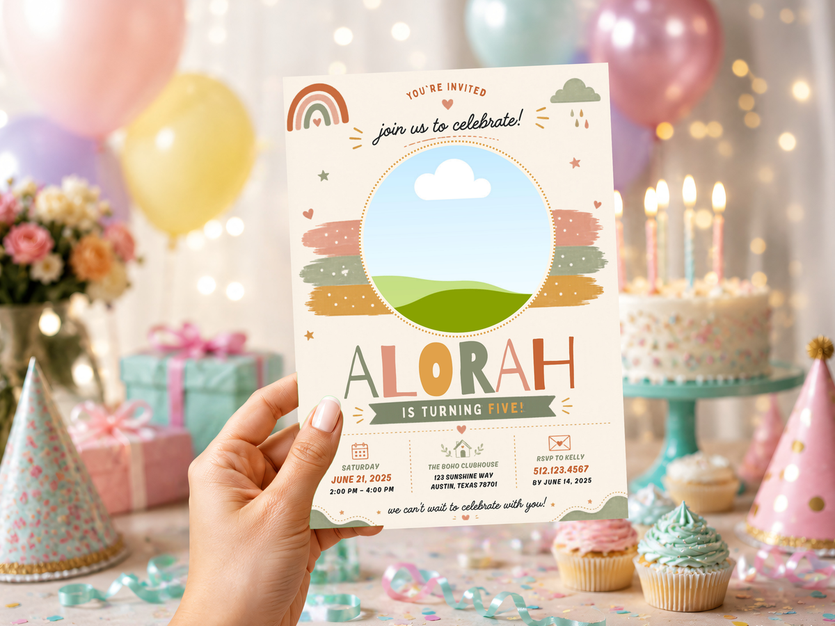 Pastel boho rainbow birthday invitation artwork with cloud, colorful rainbow bands, sage green hills and hand-painted party accents.