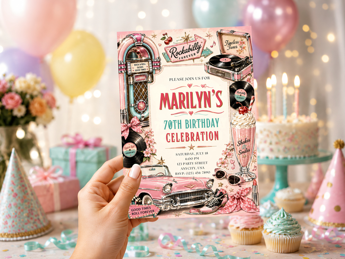 Rockabilly birthday invitation artwork highlighting a vintage jukebox, vinyl records, stars and retro rock-and-roll decorative details.