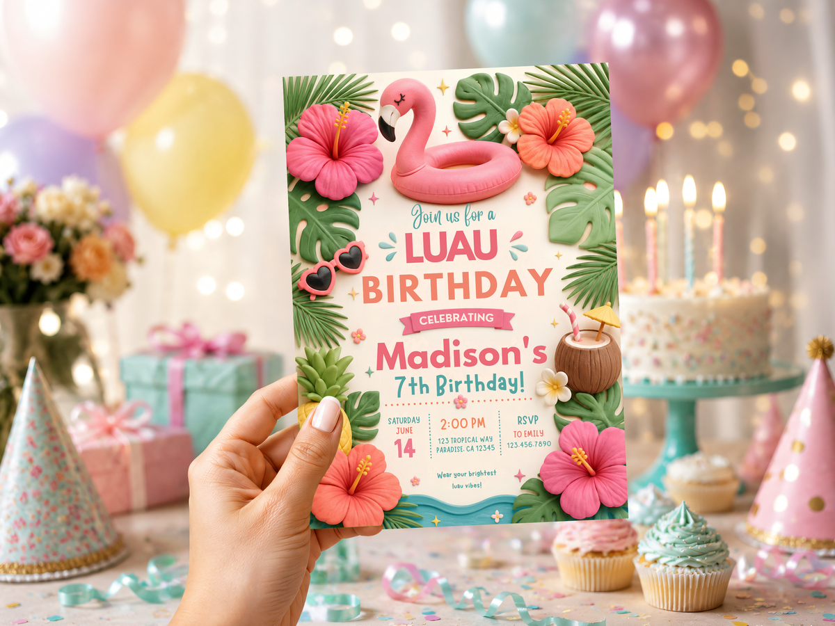 Tropical luau birthday invitation featuring pink and coral hibiscus flowers, palm leaves, a flamingo and bright party accents