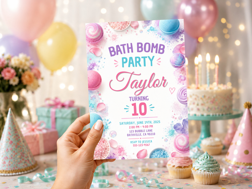 Alternate bath bomb birthday invitation preview featuring colorful pastel bath bombs, soft pink and blue tones, purple accents and playful birthday typography.