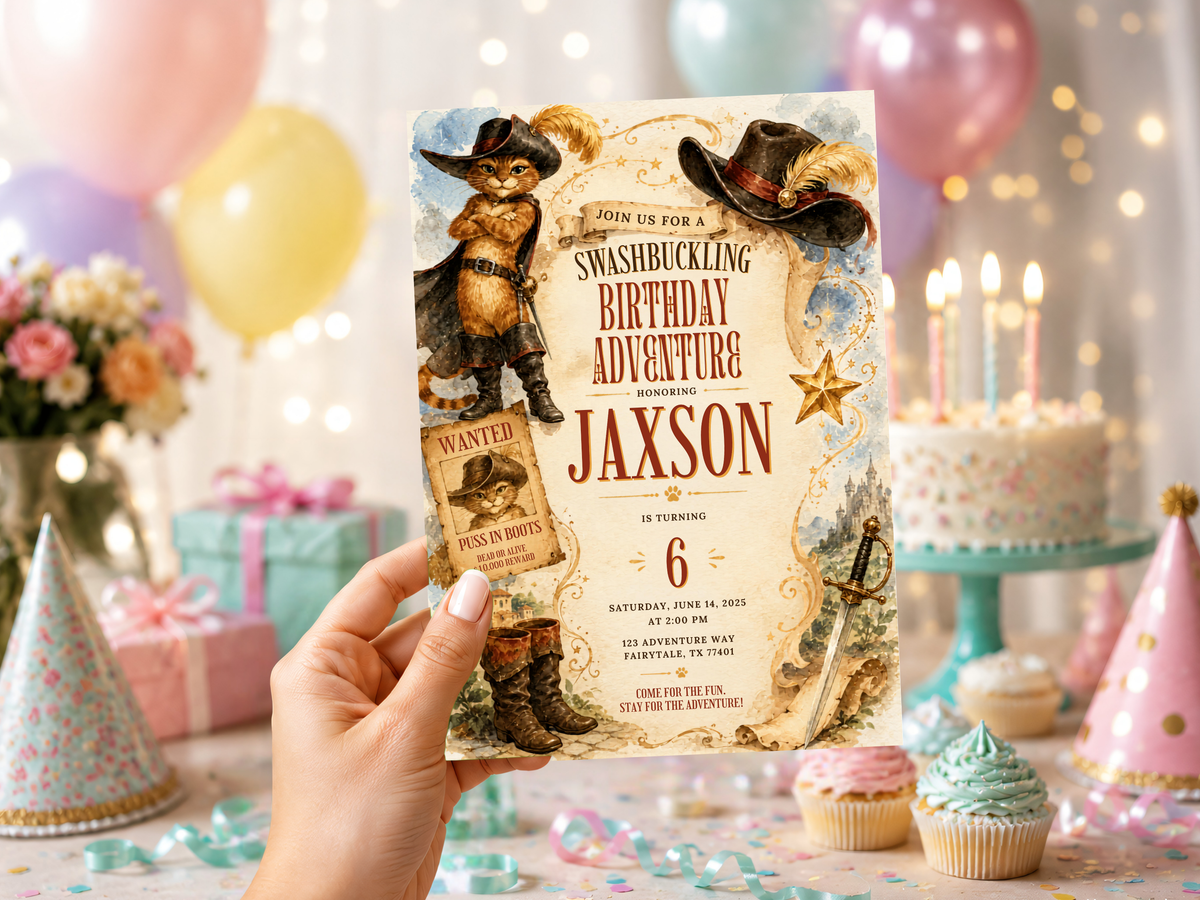 Vintage pirate birthday invitation artwork featuring antique parchment, treasure-map markings, warm brown tones, stars, and adventurous typography.