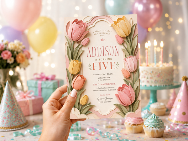 Tulip birthday invitation artwork featuring layered pink and peach flowers, sage green leaves, a soft arch frame, warm cream tones, and refined birthday invitation typography.