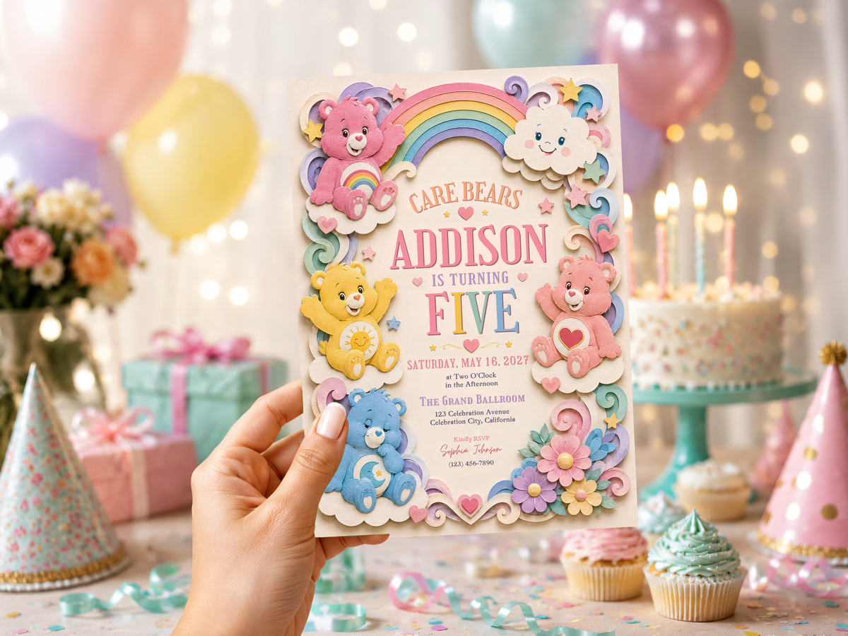 Pastel Care Bears birthday invitation artwork featuring a rainbow, cheerful bear characters, clouds, stars, hearts, swirls, and colorful flowers.