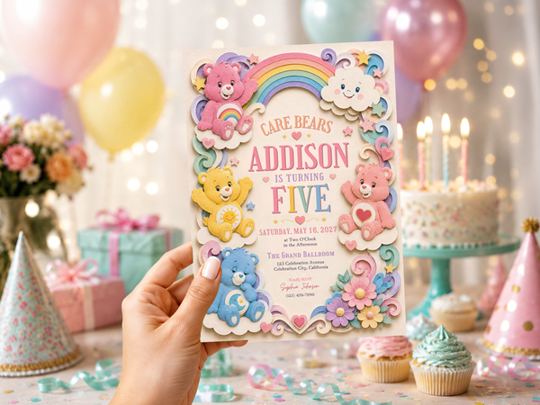 Pastel Care Bears birthday invitation artwork featuring a rainbow, cheerful bear characters, clouds, stars, hearts, swirls, and colorful flowers.