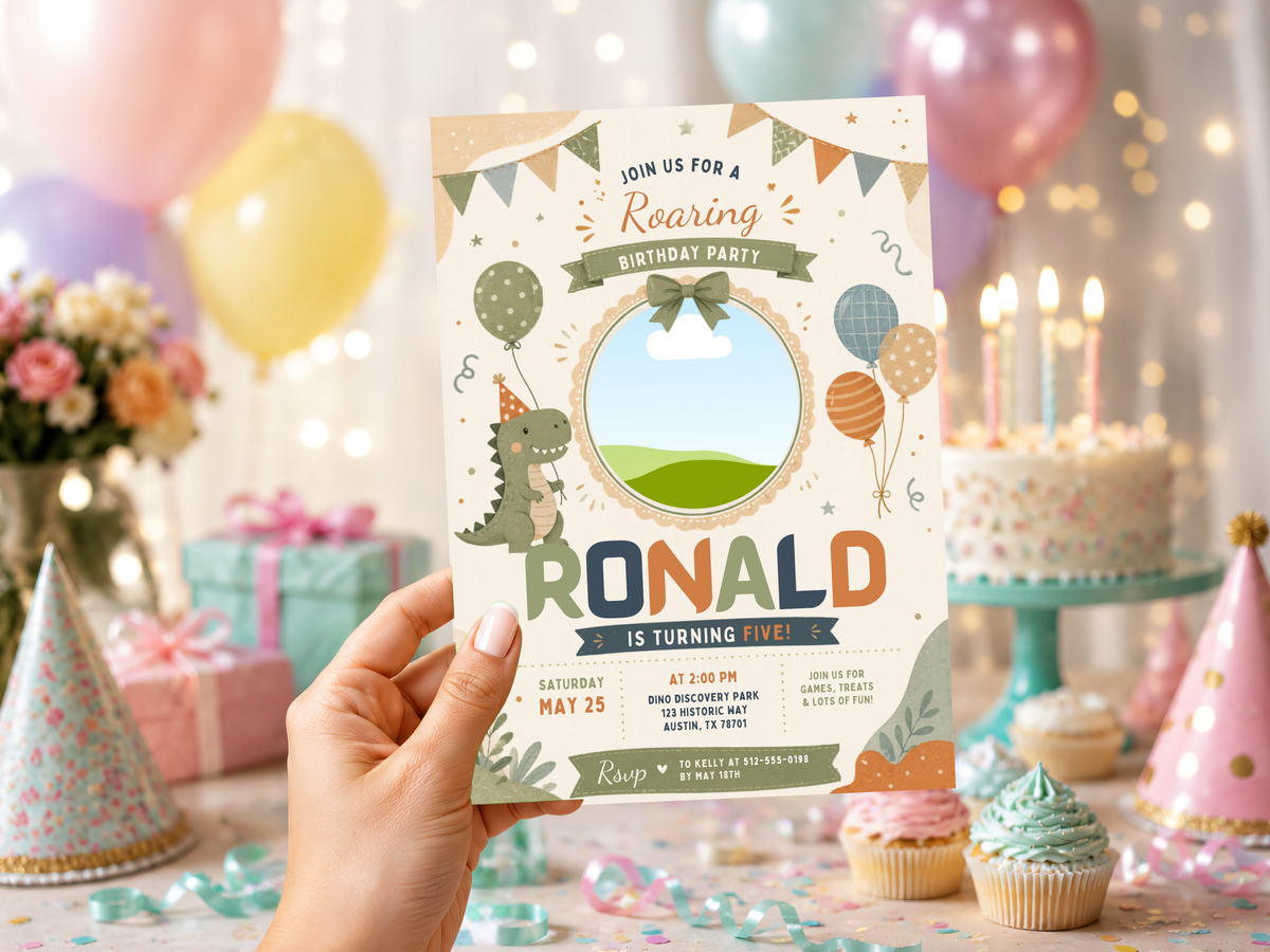 Editable dinosaur birthday invitation design with a playful roaring dinosaur, illustrated party details, balloons, and a portrait 5 by 7 layout.