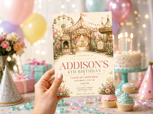 Carnival birthday invitation template featuring a whimsical watercolor fairground scene with carousel details, bunting, flowers, and pastel pink, cream, and gold tones
