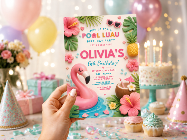 Tropical pool luau birthday invitation with flamingo float, pineapple and hibiscus floral accents in pink, aqua and coral