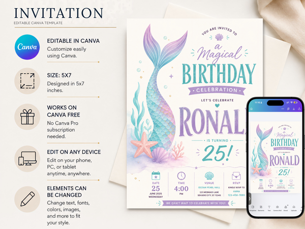 Editable mermaid birthday invitation artwork with lavender and aqua tones, mermaid tail scales, bubbles, seashells and under-the-sea birthday details.