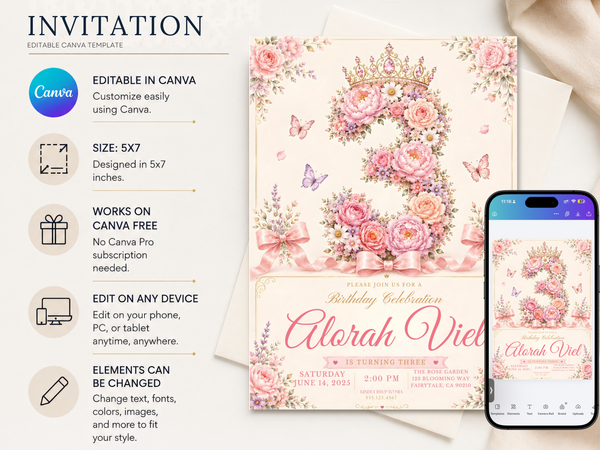 Floral princess invitation artwork with romantic pink blooms, jeweled crown, butterfly accents, and blush tones.