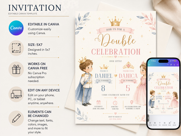 Close product view of a prince and princess double birthday invitation with soft watercolor illustration, gold crowns and refined floral accents.
