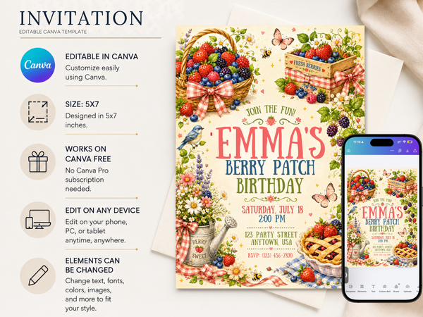 Berry-themed kids birthday invitation featuring hand-painted strawberries, blueberries, raspberries, blackberries, garden flowers, butterflies, and a warm cream watercolor background.