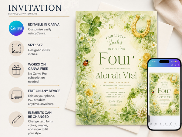 Editable lucky birthday invitation template featuring sage green watercolor clovers, leafy florals, a horseshoe, gold coins and a ladybug.