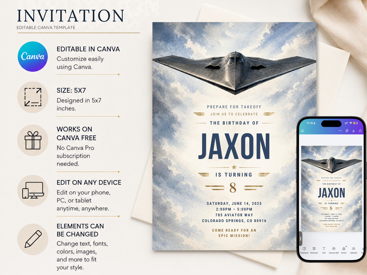 Aviation-themed birthday invitation template with a modern aircraft silhouette, blue sky watercolor background, navy text and subtle gold details.