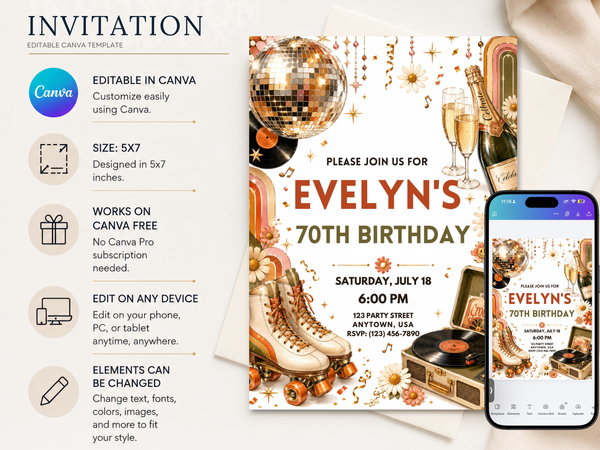 Retro disco birthday invitation design centered on roller skates and a disco ball, with vinyl music details, champagne accents and warm vintage colors.