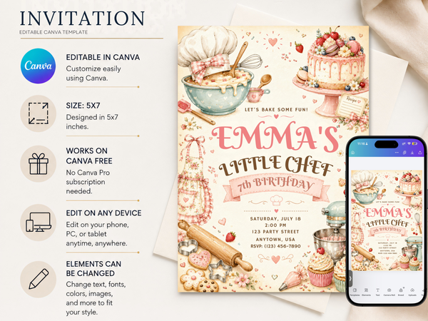 Watercolor Little Chef birthday invitation artwork highlighting cupcakes, birthday cake, cherries, and playful baking details in blush and pastel blue.