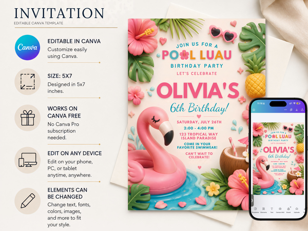 Pool luau birthday invitation template showing tropical leaves, flamingo, pineapple and playful birthday details