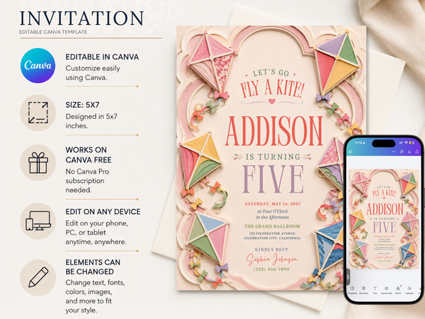 Colorful kite party invitation template showing layered kite illustrations and delicate floral accents