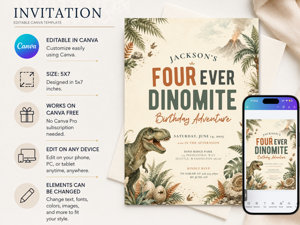 Dinosaur party invitation template showcasing a friendly T. rex, lush fern foliage, dinosaur eggs, fossil details, and an adventurous watercolor style.