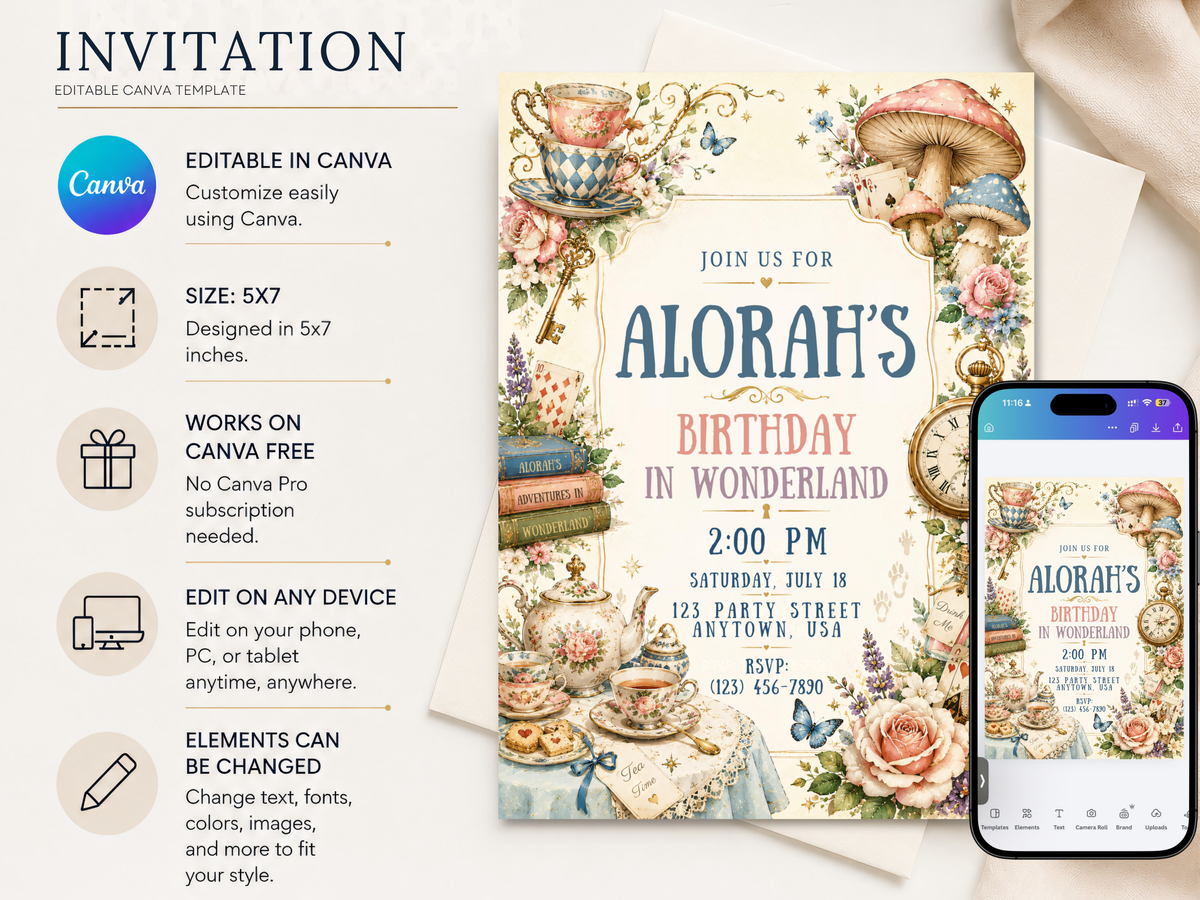 Wonderland birthday invitation template with decorative teacups, roses and butterflies in a soft cream, blush pink and dusty blue watercolor palette.