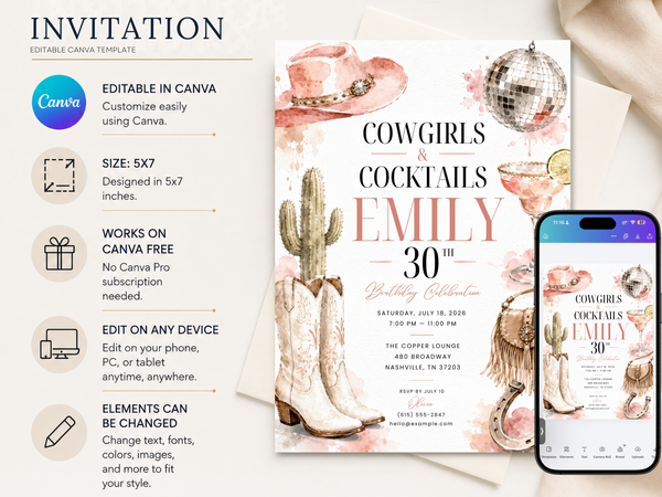 Western cowgirl birthday invitation template featuring watercolor western accessories, cowboy boots, cactus, cocktail glasses and horseshoe motifs.