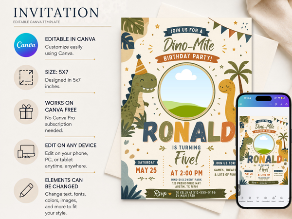 Dinosaur birthday invitation template with a yellow long-neck dinosaur, green T-Rex, oval photo area, palm leaves and earthy party colors