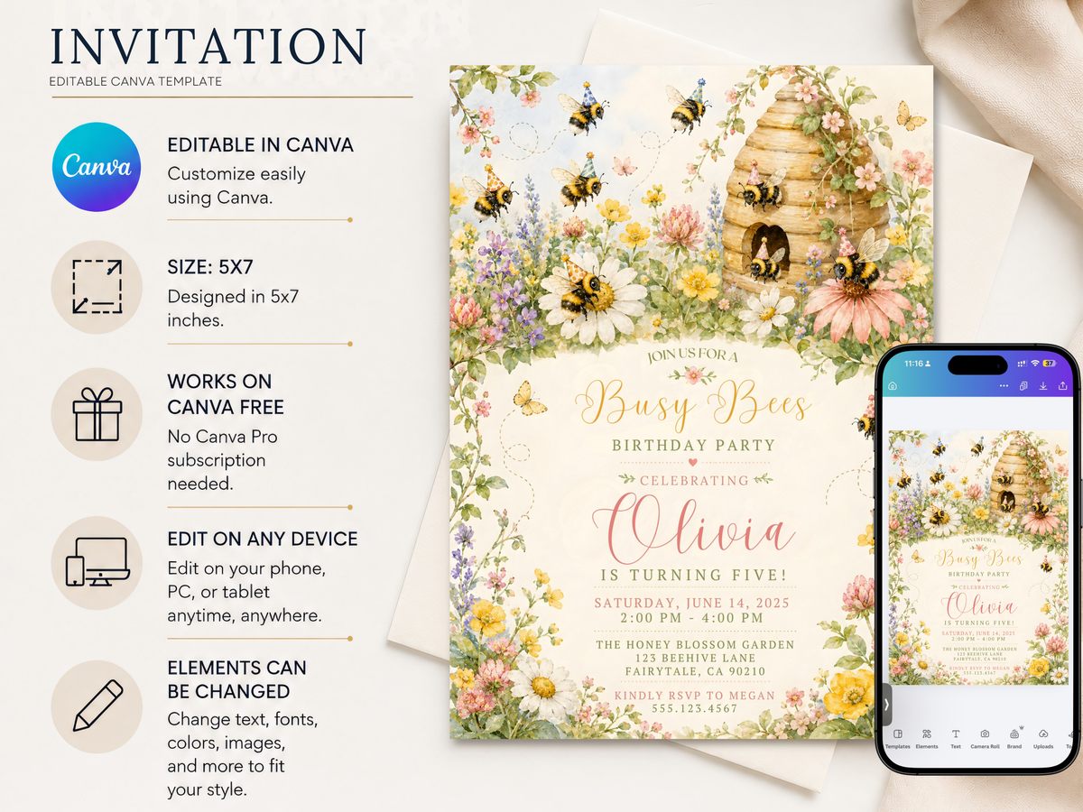 Editable bee-themed birthday invitation template shown in a floral watercolor style with honey bees, daisies, wildflowers and pastel garden colors.