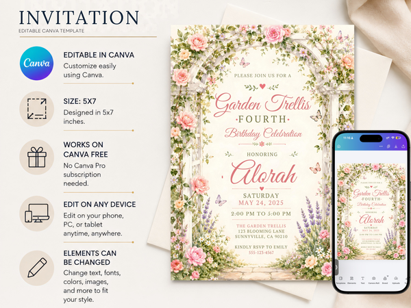 Garden Trellis birthday invitation template with pink roses, greenery, lavender and delicate butterflies framed by a floral trellis arch