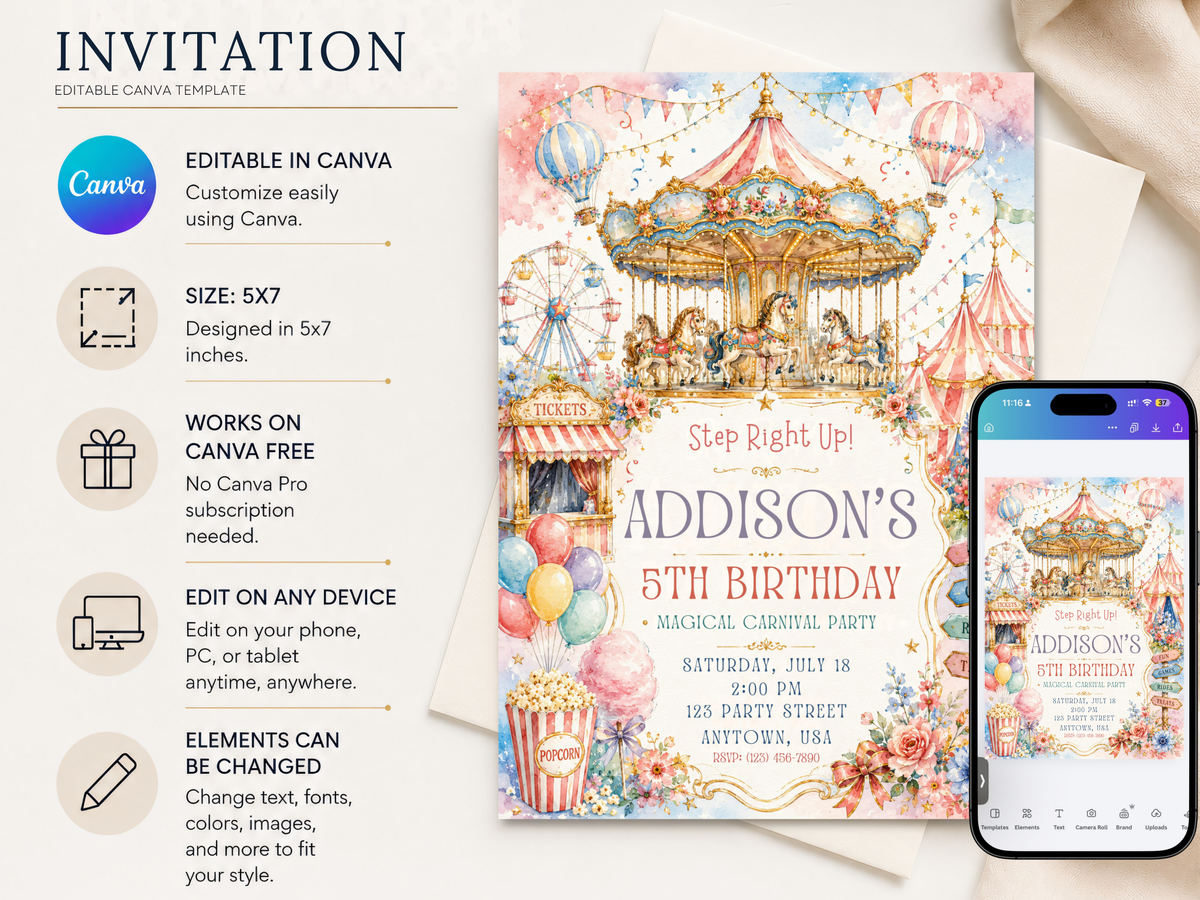 Whimsical carnival birthday invitation template product image featuring a vintage carousel-inspired fairground aesthetic