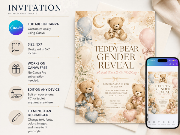 Editable teddy bear gender reveal invitation with illustrated teddy bears, gift boxes, balloons and soft botanical florals in a refined neutral baby celebration style.